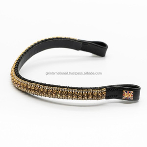 Frontal en cuir pour cheval, forme vague, avec logo personnalisé, fermoir à pression, orné de cristaux dorés et blancs faits main et de pierres incrustées de diamants. - Product Image 4