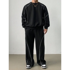 Survêtement en molleton vert pour homme avec veste zippée à coutures blanches et pantalon ample, tenue décontractée pour l'automne - Product Image 3