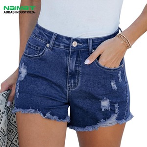 Women Ripped Denim Shorts Summer Casual Distressed Jean Shorts High Waisted Raw Hem Dark Blue Washed Short Pants - Product Image 1