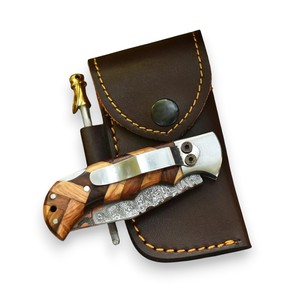 Nordic Forge Copper Damascus Steel Industrial Grade Folding <b>Knife</b> Back <b>Lock</b> Olive & Rosewood Handle Pocket Clip Sheath OEM EDC - Product Image 5