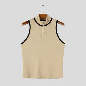 Débardeur sans manches en tricot côtelé beige pour homme avec col rond et fermeture éclair, décontracté, respirant, en polyester - Product Image 1