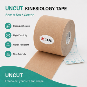 เทปคิเนซิโอเทป M TAPE แบบไม่ตัด ขนาด 5 ซม. x 5 ม. ผลิตจากผ้าฝ้าย ยึดติดแน่น ยืดหยุ่น ระบายอากาศได้ดี กันน้ำ ไม่ก่อให้เกิดอาการแพ้ เป็นมิตรต่อผิวหนัง - Product Image 1