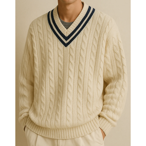 <b>Men's</b> Cream Cable Knit V-Neck Pullover <b>Sweater</b> Full Sleeve Solid Color Autumn Knitted <b>Sweater</b> - Product Image 2