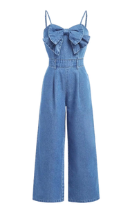 Mono vaquero de mujer con lazo, cuello halter, pierna ancha, cintura alta, atuendo casual de verano - Product Image 3