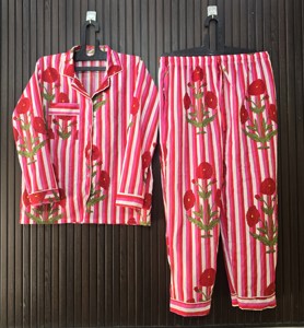 Women's 100% Cotton <b>Pajama</b> Set Full Sleeve Floral Striped Loose Fit Collar Button Fly Spring Wear - Product Image 1