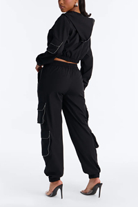 Custom Embroidery Logo Branded Casual Solid Rhinestone Croptop Zip Color Block Sweatsuit Windbreaker Nylon Tracksuit Women Cargo - Product Image 4