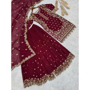 Fancy <b>Top</b>-Plazzo and Dupatta for Wedding Embroidery Sequence Work Salwar Kameez in Polyester Material <b>Maroon</b> HK - Product Image 2