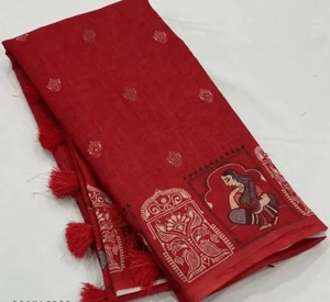 Sari de lino y algodón con estampados de motivos étnicos tribales KV y blusa sin coser - Product Image 5