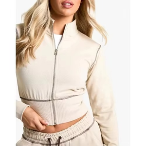 Women's Cream Tracksuit Full Sleeve <b>Zipper</b> <b>Top</b> With Drawstring Pants Casual Solid Color Loose Fit Spring Wear - Product Image 6