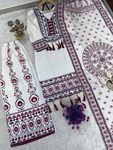 Luxury <b>White</b> Cotton <b>Sharara</b> Suit Set Heavy Mirror Work Embroidery Long Kurti Wide Leg Palazzo Indian Pakistani Festive Wear - Product Image 6