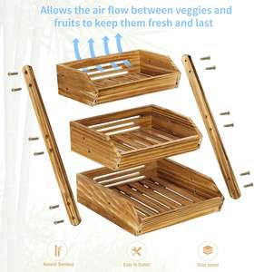 Panier à fruits élégant en bois de pin et bambou de haute qualité, organisateur à 3 niveaux, étagère de rangement pour la cuisine, utilisation polyvalente et écologique - Product Image 2