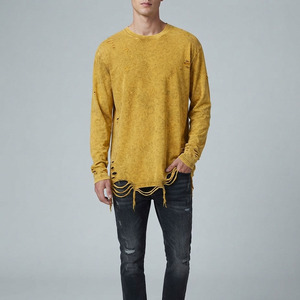 T-shirt Homme Vintage Délavé à Manches Longues, Coupe Oversize en Coton Épais, Col Rond, Style Streetwear, T-shirt Ample Délavé à l'Acide pour Homme - Product Image 1