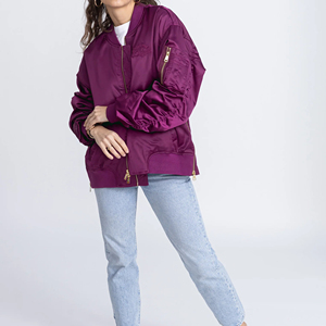 Blouson bomber violet pour femme, manches longues, fermeture éclair, couleur unie, polyester, vêtement d'extérieur, style hiver, coupe classique - Product Image 4