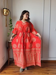 Red Casual Boho Maxi Dress Handmade <b>Kaftan</b> Floral Geometric Patterns V-Neck Loose Fit Three-Quarter Sleeves Flared Hem <b>Summer</b> - Product Image 1
