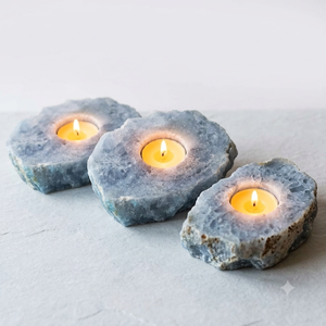 Support de bougie en pierre naturelle sculptée à la main en calcite bleue, pierre précieuse d'agate, pour la guérison, vente en gros - Product Image 3