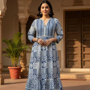 Robe Anarkali midi à imprimé floral bleu et blanc, Kurti indien traditionnel en coton, longue robe ethnique évasée à imprimé numérique pour femme, décontractée - Product Image 1
