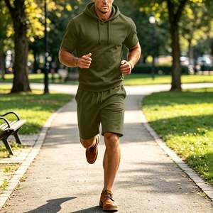 Ensembles de survêtements décontractés pour hommes 2027 OEM personnalisés en gros – 2 pièces : sweat à capuche à manches courtes et short avec poches - Product Image 5