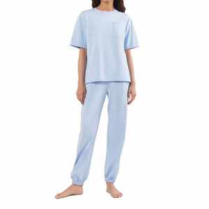 Comfortable 100% Organic Cotton Two Piece Women's Sleeping Suit Set Custom Logo Plain Oversized T Shirt And Pajama Set - Product Image 1