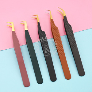 Venta al por mayor de pinzas de extensión de pestañas de etiqueta privada punta de fibra pinzas de pestañas volumen para extensión de pestañas Punta Delgada 45 90 grados - Product Image 1