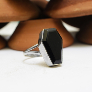 Black <b>Onyx</b> Pave Setting 925 Sterling Silver Handmade Coffin Shape Gothic Vintage Wedding Party Statement <b>Ring</b> Unisex - Product Image 4