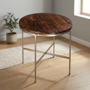 <b>Round</b> Wooden Iron Cocktail <b>Table</b> Handmade Rustic Accent Furniture With Metal Frame For Living Room Lounge <b>Bar</b> Hotel Home Decor - Product Image 6