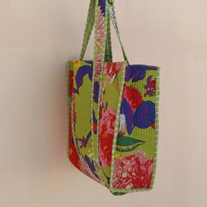 Vibrant Floral Quilted 100% Cotton <b>Medium</b> Tote <b>Bag</b> Long Handle Red White Strips Tropical Palm Print Travel And Everyday Use - Product Image 2