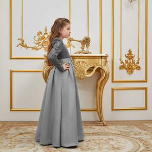 ชุดเดรสเด็กผู้หญิงสีเทา คอวี ประดับเลื่อมพรีเมียม ปักลายกำมะหยี่ ผ้าทูลล์หนา สำหรับงานเลี้ยงวันเกิดและงานแต่งงาน - Product Image 5