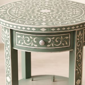 Table de chevet ronde en os vert incrusté, faite à la main, 1 tiroir, table de nuit de luxe, motif marocain, meubles de chambre à coucher - Product Image 4