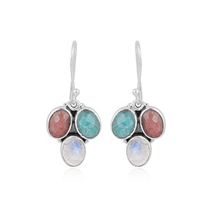 925 Sterling Silver Multi Stone <b>Dangle</b> <b>Earrings</b> Rainbow Moonstone Amazonite Rhodolite Handmade Gemstone Drop <b>Earrings</b> for Party - Product Image 1