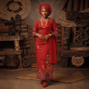 Olive Gold Luxury African Kaftan Dress with Blue Embroidery, Matching Gele Headwrap & <b>Shawl</b> for <b>Wedding</b> Wear - Product Image 6