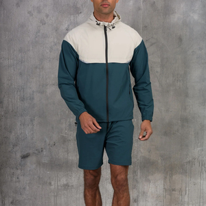 Conjunto de Pantalones Cortos y Chaqueta Deportiva para Hombre, Color Verde Azulado Oscuro, Estilo Moderno con Bloques de Color, Chaqueta con Capucha, Cintura Elástica, Ropa Deportiva Informal - Product Image 1