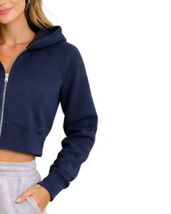 Sudadera con capucha corta para mujer, azul marino, de algodón y forro polar, corte ajustado, estilo casual, ligera, para mujer - Product Image 3