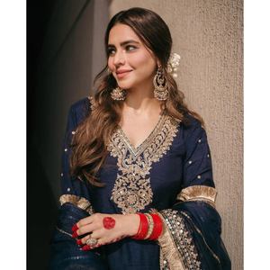 Designer Modest <b>Navy</b> Blue CHINON EMBROIDERY SEQUENCE WORK <b>TOP</b> BOTTOM with DUPATTA <b>Sequined</b> - Product Image 6