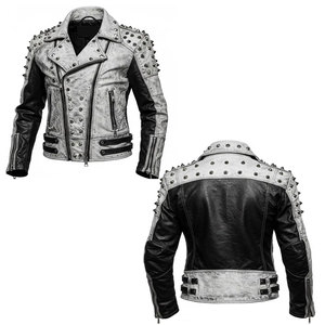 Rhinestones <b>Men's</b> Black Varsity <b>Jacket</b> Genuine Leather Sleeves <b>White</b> Trim Collar Regular Fit Casual Winter Waterproof Reversible - Product Image 3