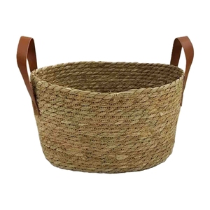Paniers de rangement ronds tissés à la main en jonc de mer 100% naturel avec poignées en cuir, haute qualité, écologiques, personnalisables - Product Image 5