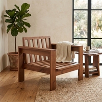 Fauteuil de salon en teck massif, chaise d'appoint à lattes, fauteuil de relaxation individuel artisanal, meuble en bois