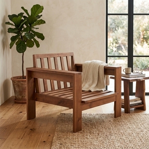 Fauteuil de salon en teck massif, chaise d'appoint à lattes, fauteuil de relaxation individuel artisanal, meuble en bois - Product Image 5