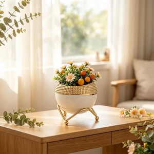 Modern Gold Plated Iron Rust Resistant Powder Coated Flower <b>Pots</b> with Stand Circular Design for Garden <b>Plants</b> Desktop <b>Decor</b> - Product Image 2