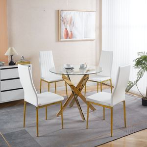 Set da Pranzo Mid-Century 1+4,5 Pezzi con Tavolo con Gambe in Metallo per 4-6 Persone, Piano in Vetro, Tavolo da Pranzo con Base a Piedistallo per Sala da Pranzo - Product Image 2