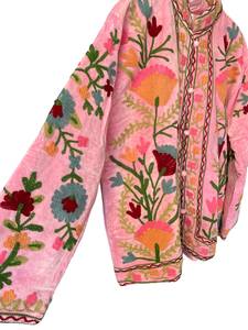 Pink Velvet Embroidered Floral Jacket Mandarin Collar Full Sleeve Breathable Winter <b>Coat</b> Cotton Lining Hand Embroidery Design - Product Image 3