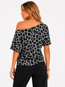 Chic Off Shoulder Custom Leopard Print Relaxed women's shirt Slouchy Wide Neck Embroidered Logo Summer Casual Animal Motif Shirt - Product Image 2