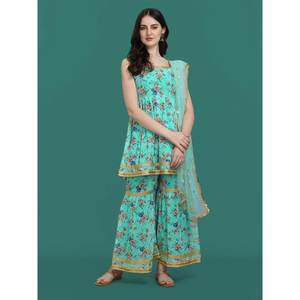 VÊTEMENTS DE SOIRÉE TOP DE TRAVAIL IMPRIMÉ GEORGETTE PALAZZO AVEC DUPATTA VERT MER - Product Image 1