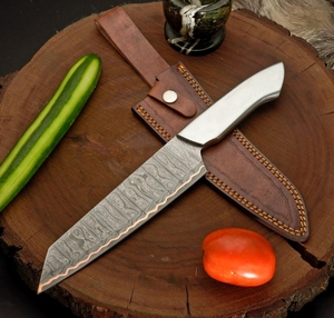 Couteau de Chef Haut de Gamme LEGACY BLADES en Acier Damas Cuivré, Manche en Acier Fait Main, Étui en Cuir – Vente en Gros Fabricant - Product Image 1