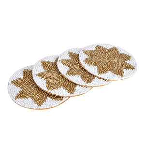 Sous-verres perlés de luxe blancs avec motif floral doré, sets de table perlés, sous-verres ronds pour bar - Product Image 1