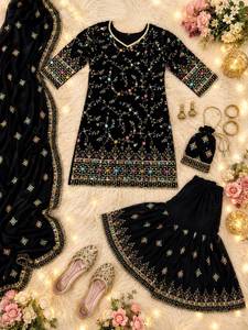 Salwar Kameez noir brodé en faux georgette, robe de mariée traditionnelle pour femme, longueur ras du sol, style Sharara Inde Pakistan, livraison rapide - Product Image 3