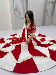 Indian Red <b>White</b> <b>Lehenga</b> Choli Set Floor-Length Cotton Women Wedding Wear Ethnic Pakistan Style Regular Fit for Womens - Product Image 3