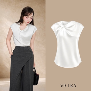 Women's Feminine Solid White Satin Asymmetrical Neck <b>Cap</b> Sleeve Summer Casual Office Blouse Breathable Draped Top SOEN - Product Image 1