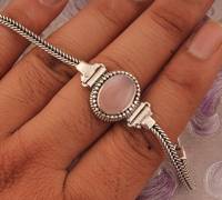 Bracelet à breloques ovales en quartz rose, argent sterling 925, fait main, cristal rose naturel, luxe, certifié GIA, plaqué platine, mariage