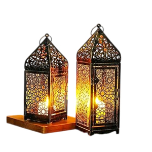 <b>Set</b> Of 2 Metal Moroccan Style Candle <b>Lanterns</b> Tabletop Iron Tealight Holder With Intricate Hollow Carved Pattern For Home Garden - Product Image 1