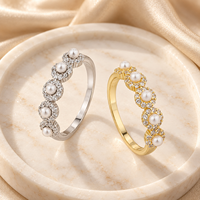 Five White Bead Halo 925 Sterling Silver Zircon Ring with Clear Round Borders and a Smooth Rear Band